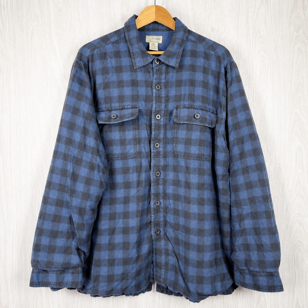 Vintage 90s LL Bean Flannel Shirt Jacket Mens XL Blue Plaid Thermal Lined